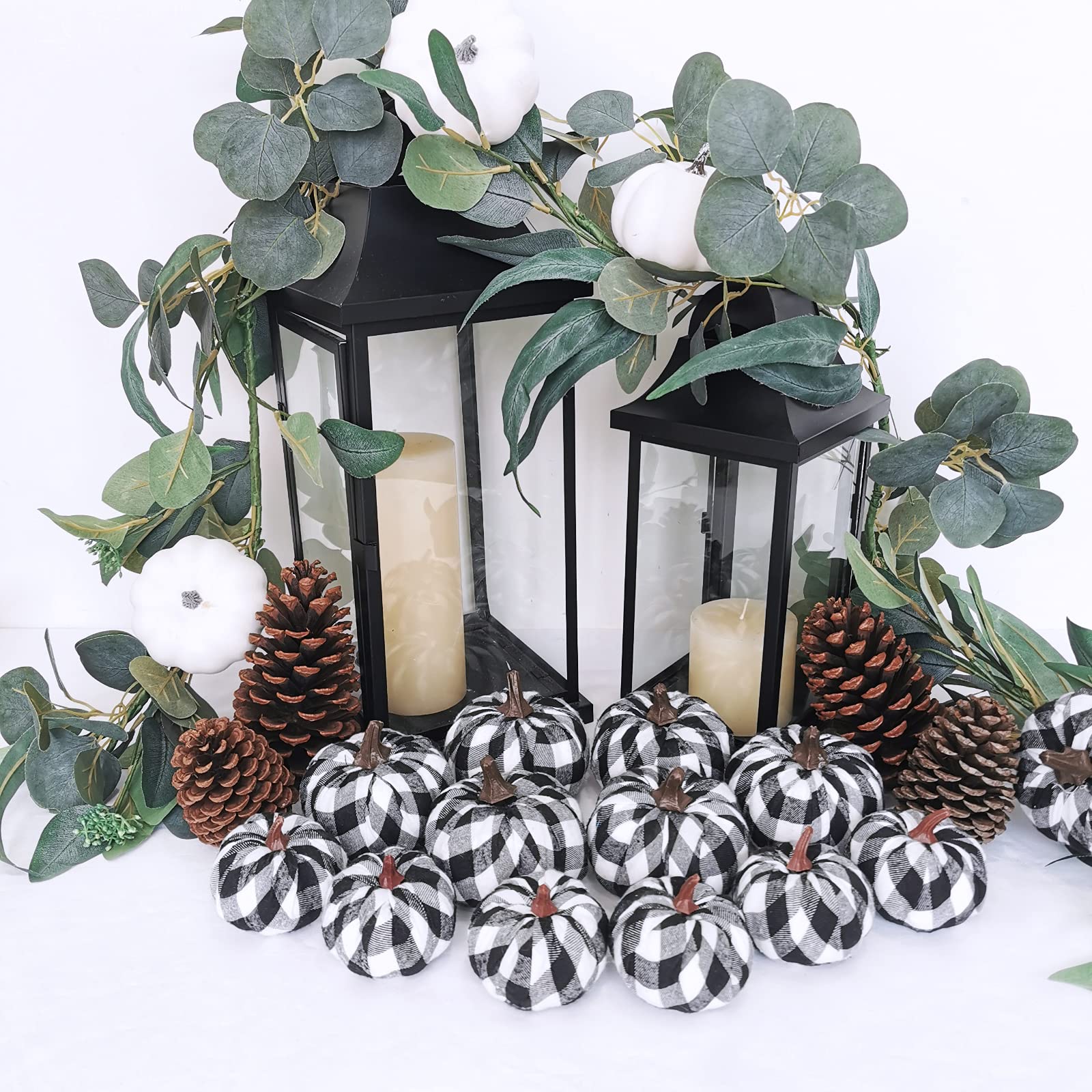 Set of 12 Small Faux Harvest Decorative Fabric Pumpkins Foam Pumpkins in Black & White Buffalo Check for Farmhouse Rustic Fall T